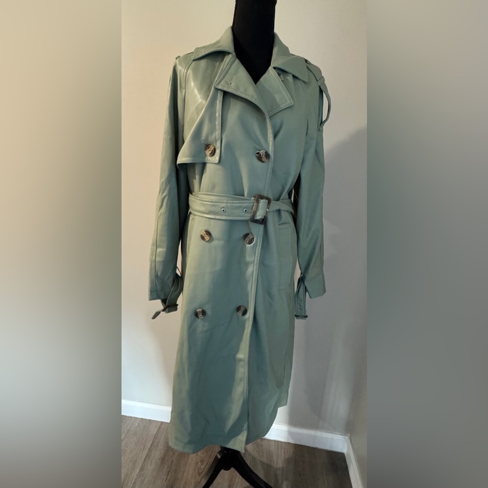 American Eagle Sage Green Trench Coat-faux leather- edgy street style size small